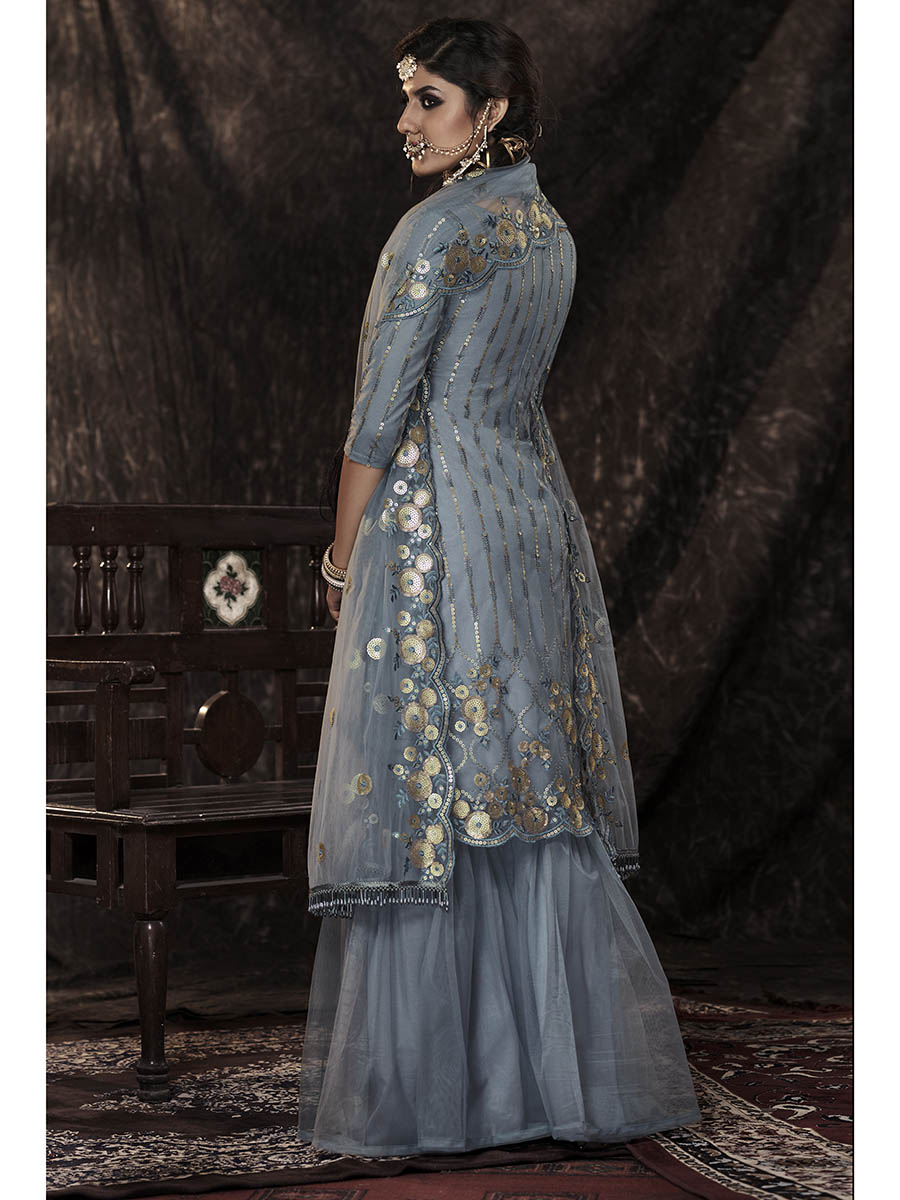 Myra Grey Net Embroidered Sharara Suit | Grocsy