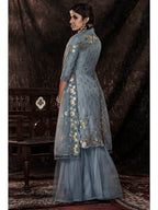Myra Grey Net Embroidered Sharara Suit | Grocsy