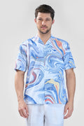 Xkind Blue Fine Cord Drop Shoulder Printed Relaxed Fit Shirt | Grocsy