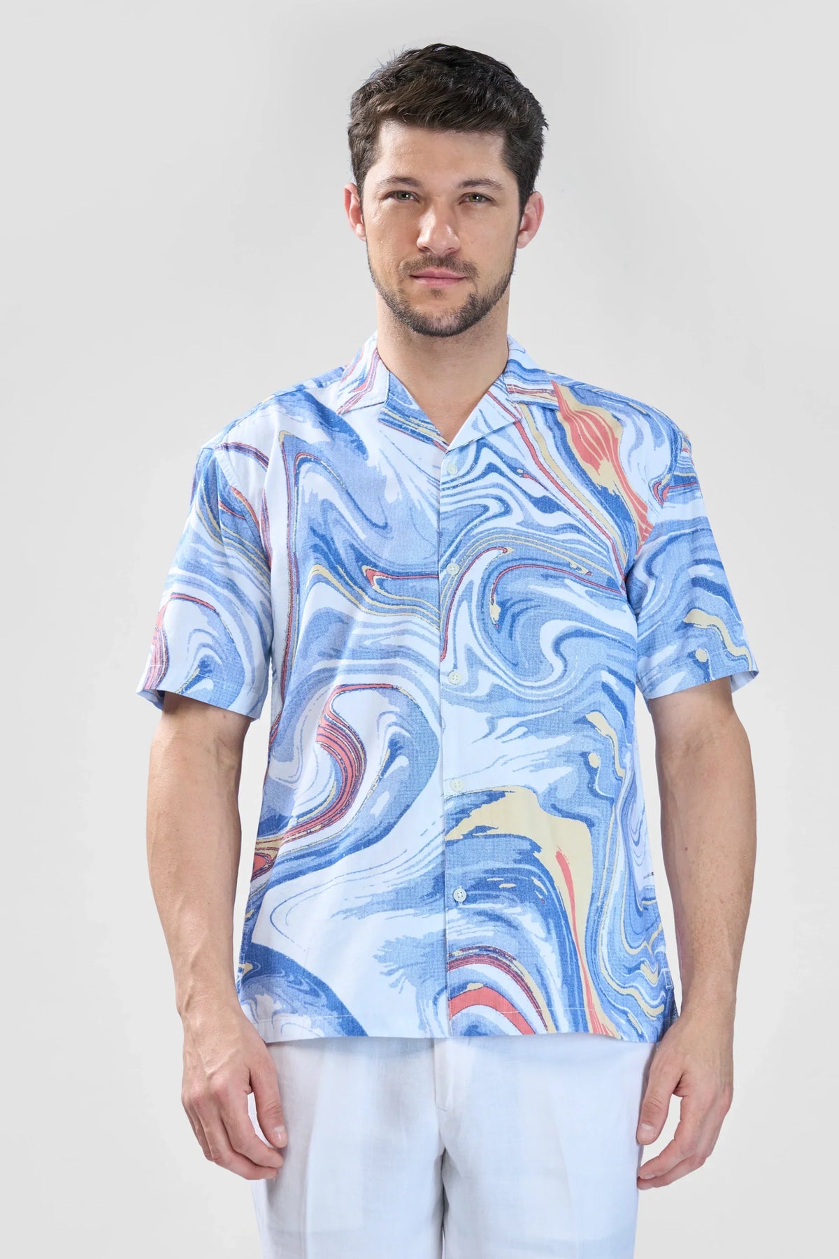 Xkind Blue Fine Cord Drop Shoulder Printed Relaxed Fit Shirt | Grocsy