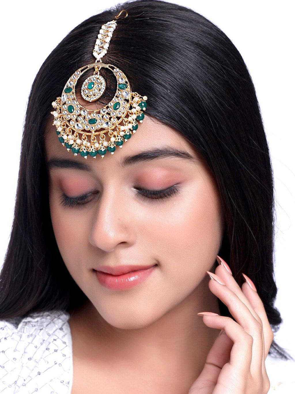 Yellow Chimes Gold-Polished White & Green Kundan-Studded & Beaded Maang Tikka | Grocsy