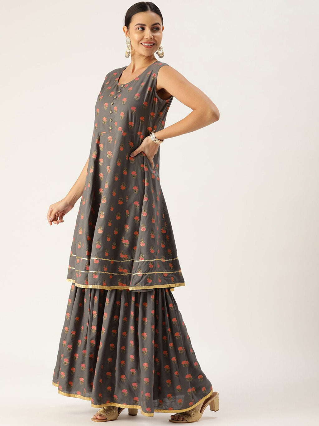 HERE&NOW Women Grey & Peach-Colored Floral Printed Kurta With Sharara With Dupatta | Grocsy