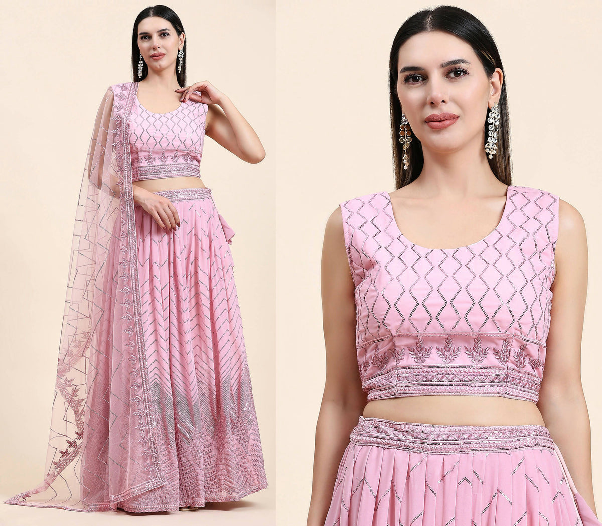 Pink Pure Viscose Georgette Sequence Embroidery work Lehenga Choli with Dupatta - Aakriti | Grocsy