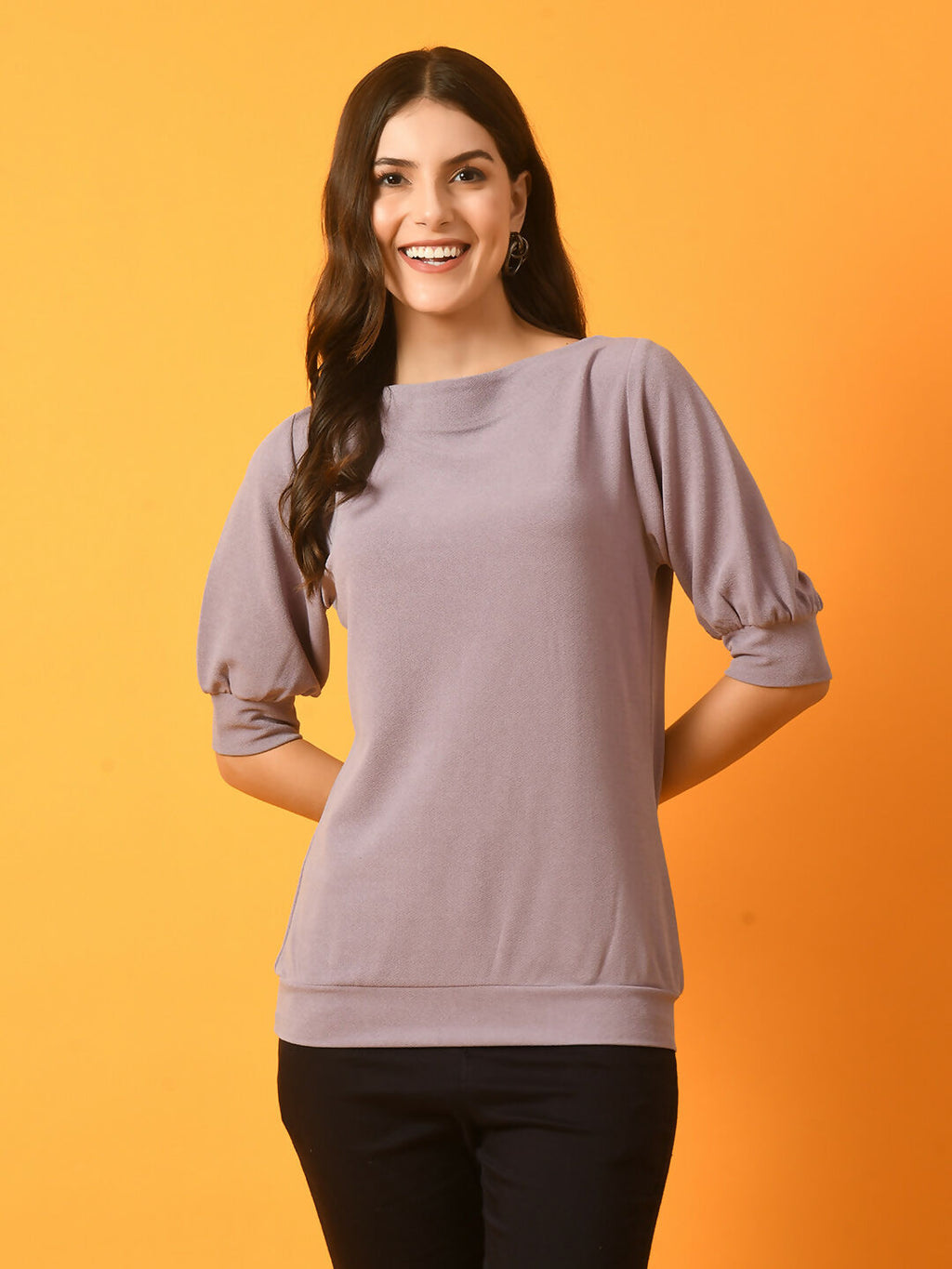 Myshka Women's Lavender Solid Boat Neck Party Top | Grocsy