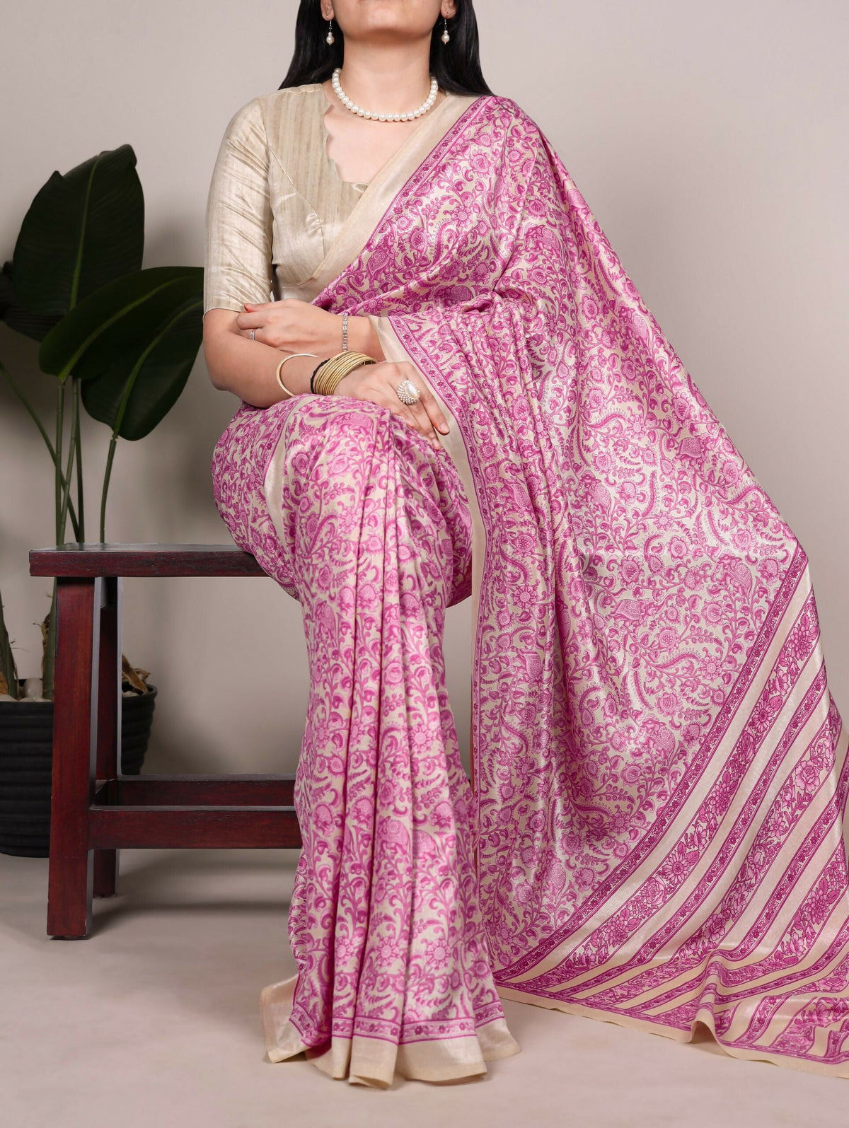 Vastranavya Pink Tussar Silk Printed Saree with Unstitched Blouse | Grocsy