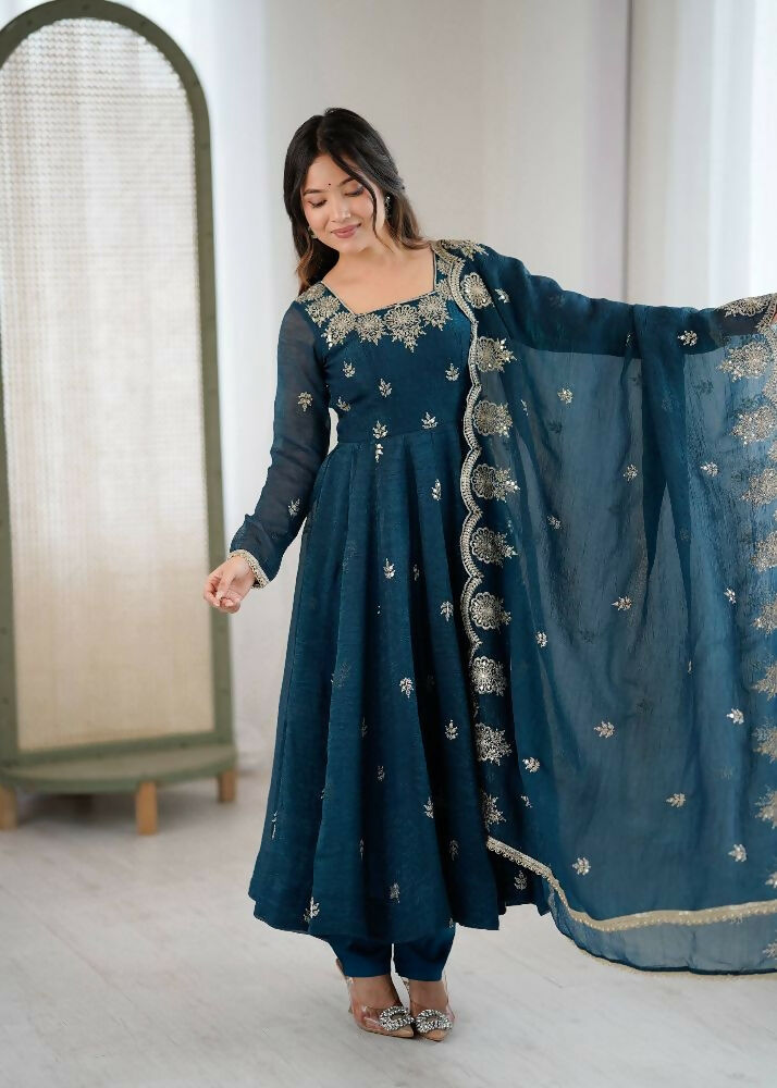 Teeya Creation Morepeach Color Crunchy Silk Embroidery Work Wedding Wear Gown | Grocsy