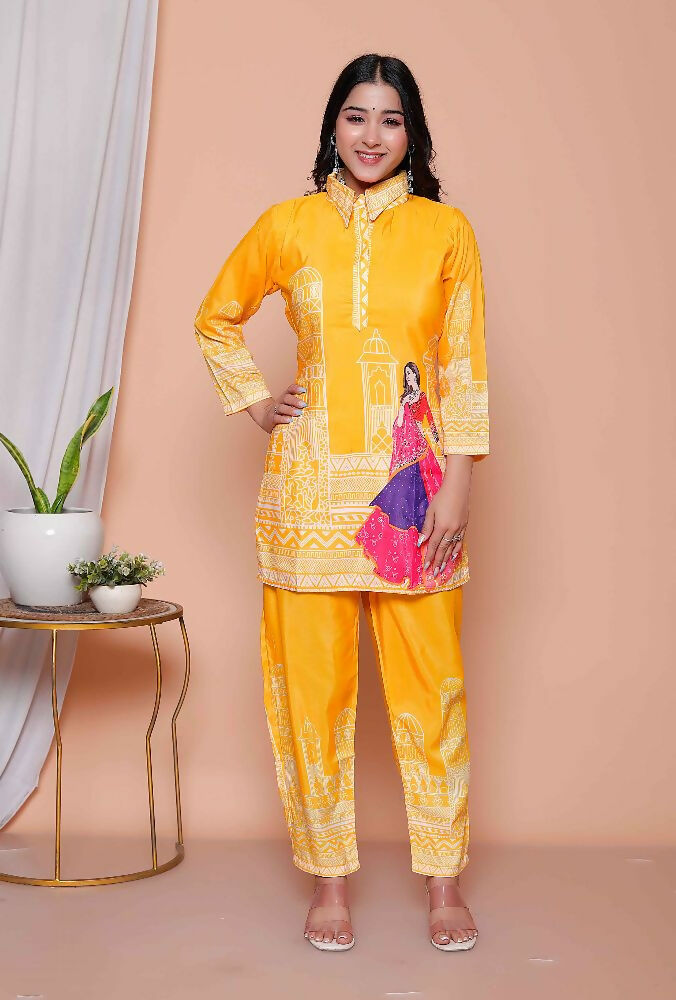 Miravan Womens Yellow Digital Printed Kurta Set | Grocsy