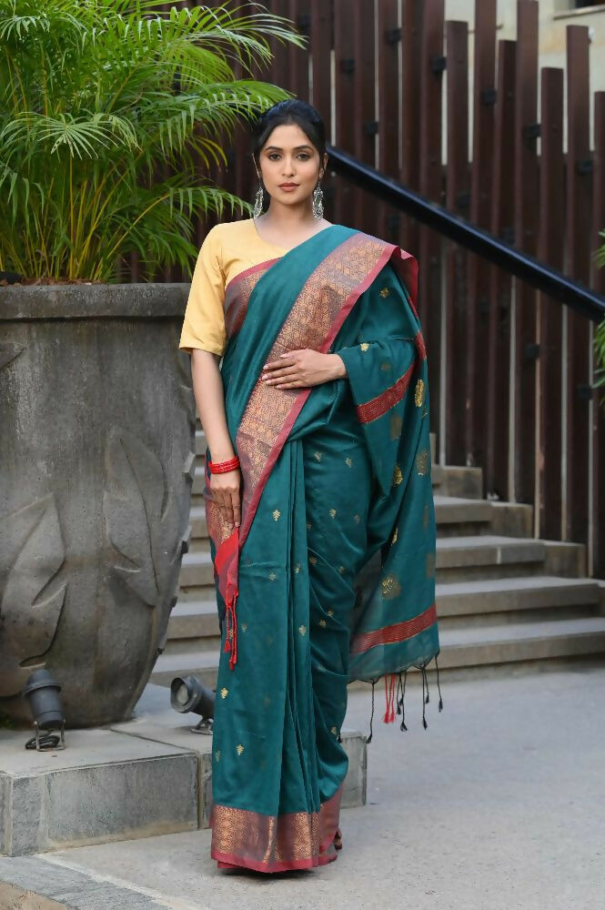 Beatitude Green Cotton Banarasi Saree | Grocsy