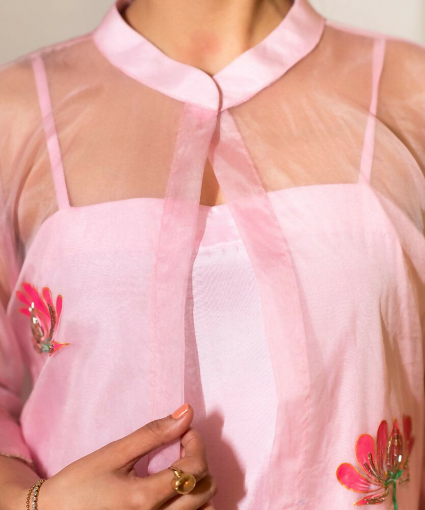 Timaraa Hand-Painted Rose Pink Organza Kurta Set With Lotus Motifs | Grocsy