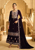 Anaita Dark Maroon Embroidered with Beads Velvet Stitched Plazo Suit | Grocsy