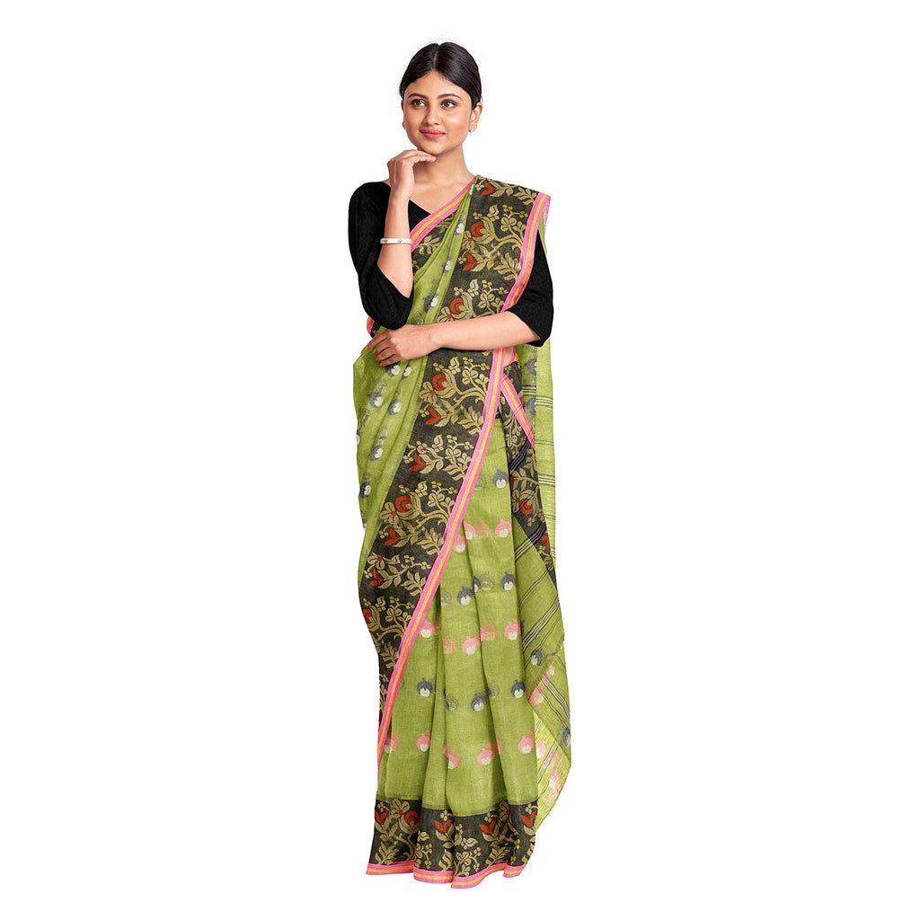 Exclusive Collection 100% Pure Cotton Olive Tant Saree With Hand Weaving Work | Grocsy
