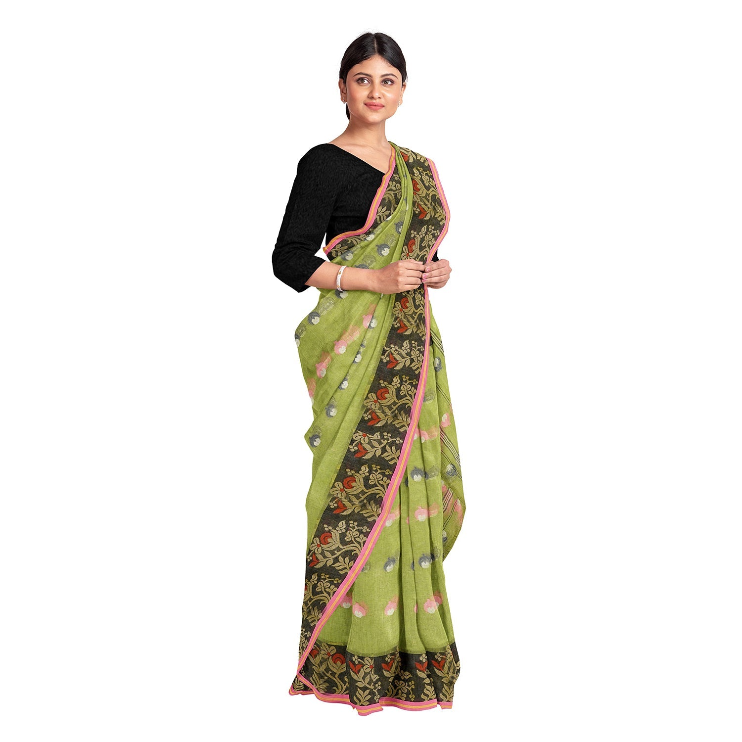 Exclusive Collection 100% Pure Cotton Olive Tant Saree With Hand Weaving Work | Grocsy