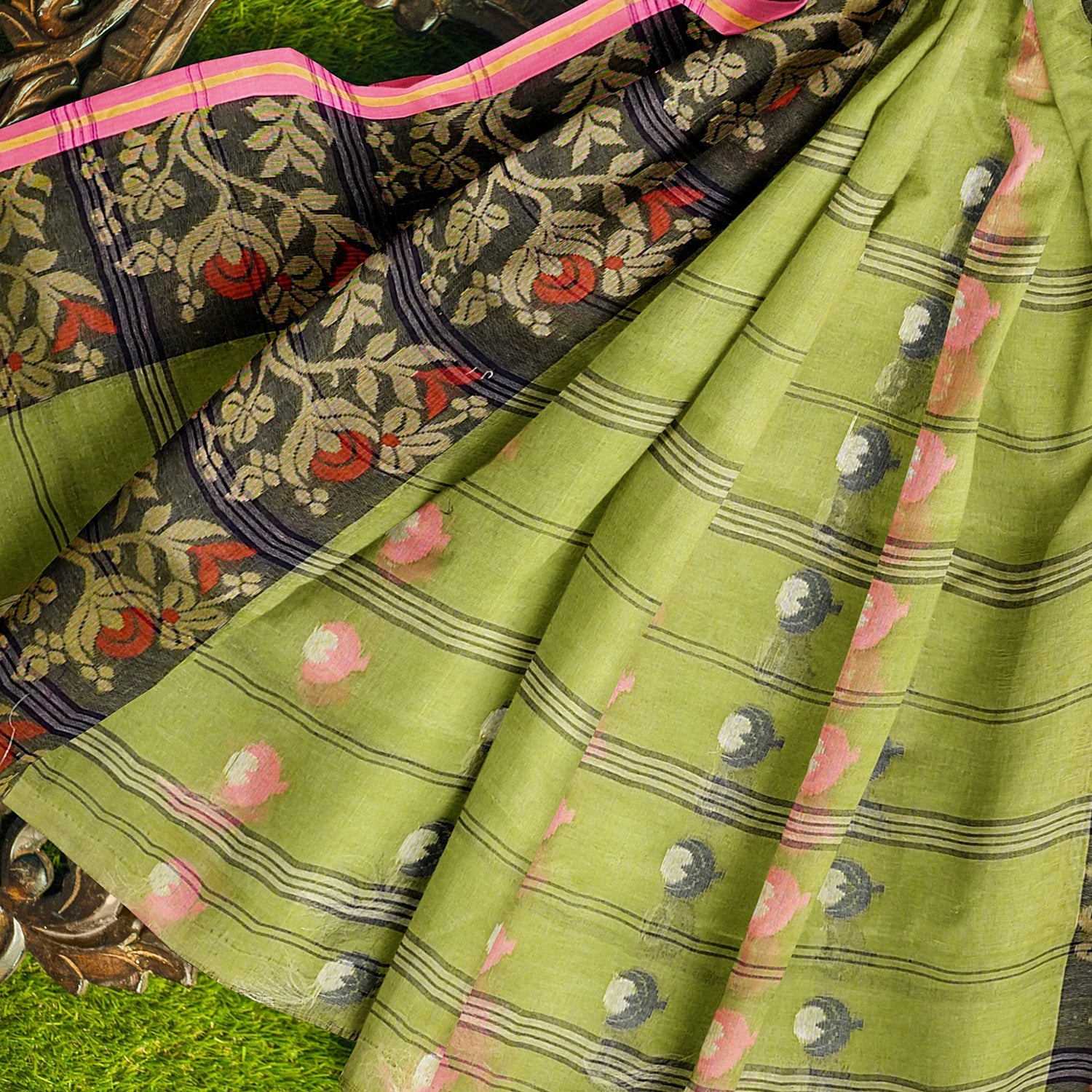 Exclusive Collection 100% Pure Cotton Olive Tant Saree With Hand Weaving Work | Grocsy