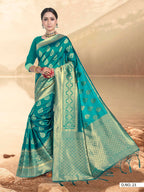 Vardha Turkish Blue Woven Banarasi Saree | Grocsy