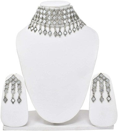 Tehzeeb Creations Women's Silver Colour Oxidised Necklace Set With Mirror Design | Grocsy