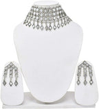 Tehzeeb Creations Women's Silver Colour Oxidised Necklace Set With Mirror Design | Grocsy
