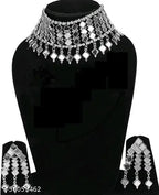Tehzeeb Creations Women's Silver Colour Oxidised Necklace Set With Mirror Design | Grocsy