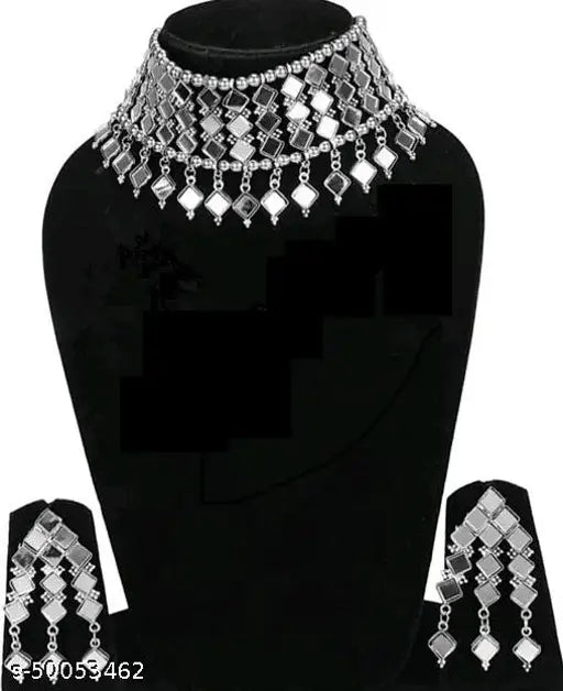 Tehzeeb Creations Women's Silver Colour Oxidised Necklace Set With Mirror Design | Grocsy