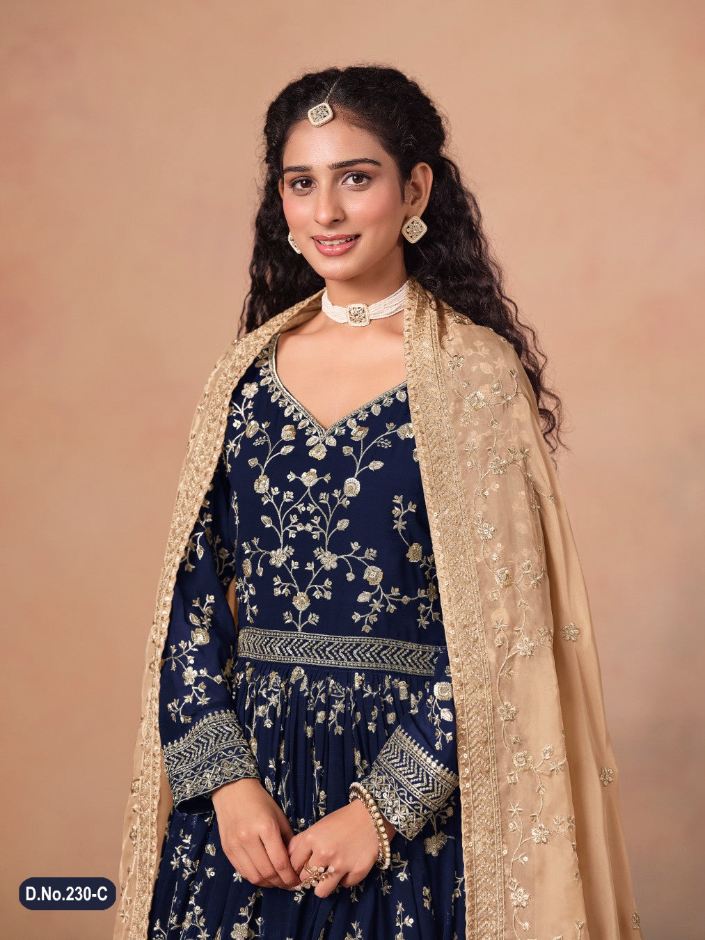 Anaita Navy Blue Faux Georgette Jacquard Embroidered Work Anarkali Suit | Grocsy