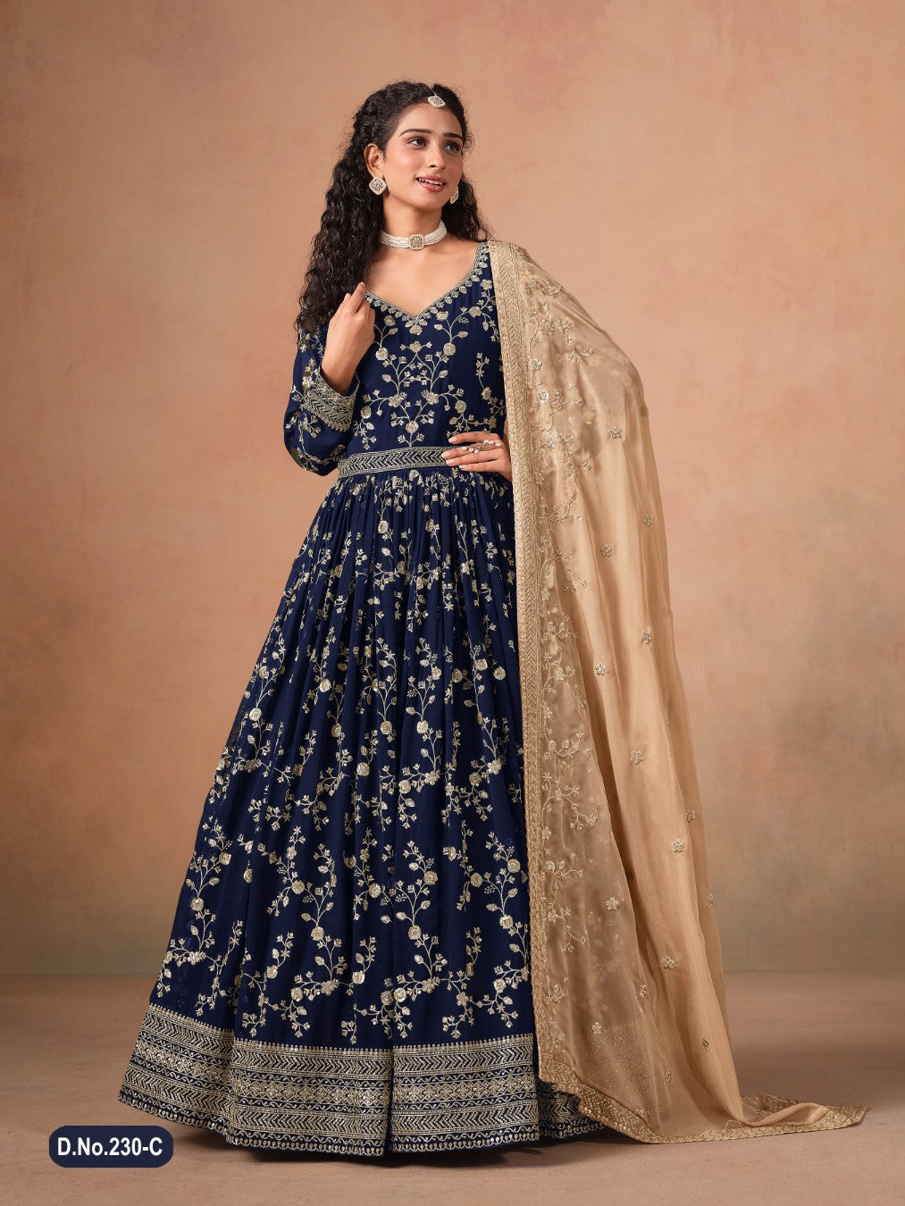 Anaita Navy Blue Faux Georgette Jacquard Embroidered Work Anarkali Suit | Grocsy