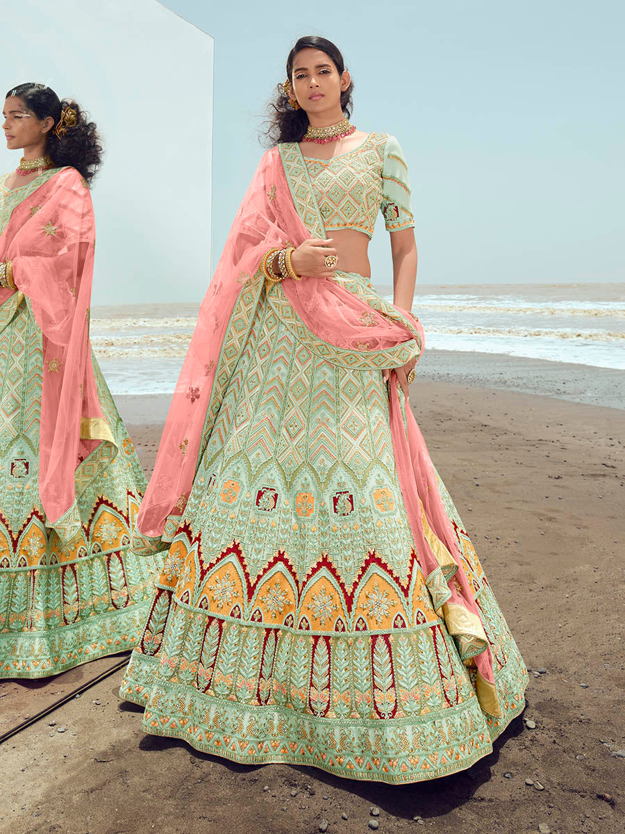 Myra Pista Green Gorgette Embroidered Designer Lehenga Choli | Grocsy