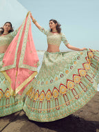 Myra Pista Green Gorgette Embroidered Designer Lehenga Choli | Grocsy