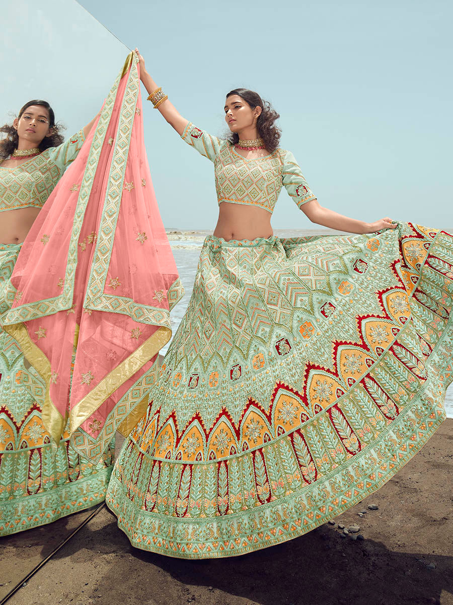 Myra Pista Green Gorgette Embroidered Designer Lehenga Choli | Grocsy