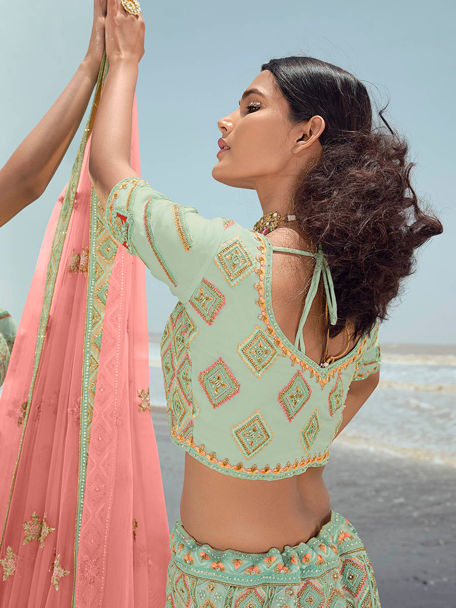 Myra Pista Green Gorgette Embroidered Designer Lehenga Choli | Grocsy
