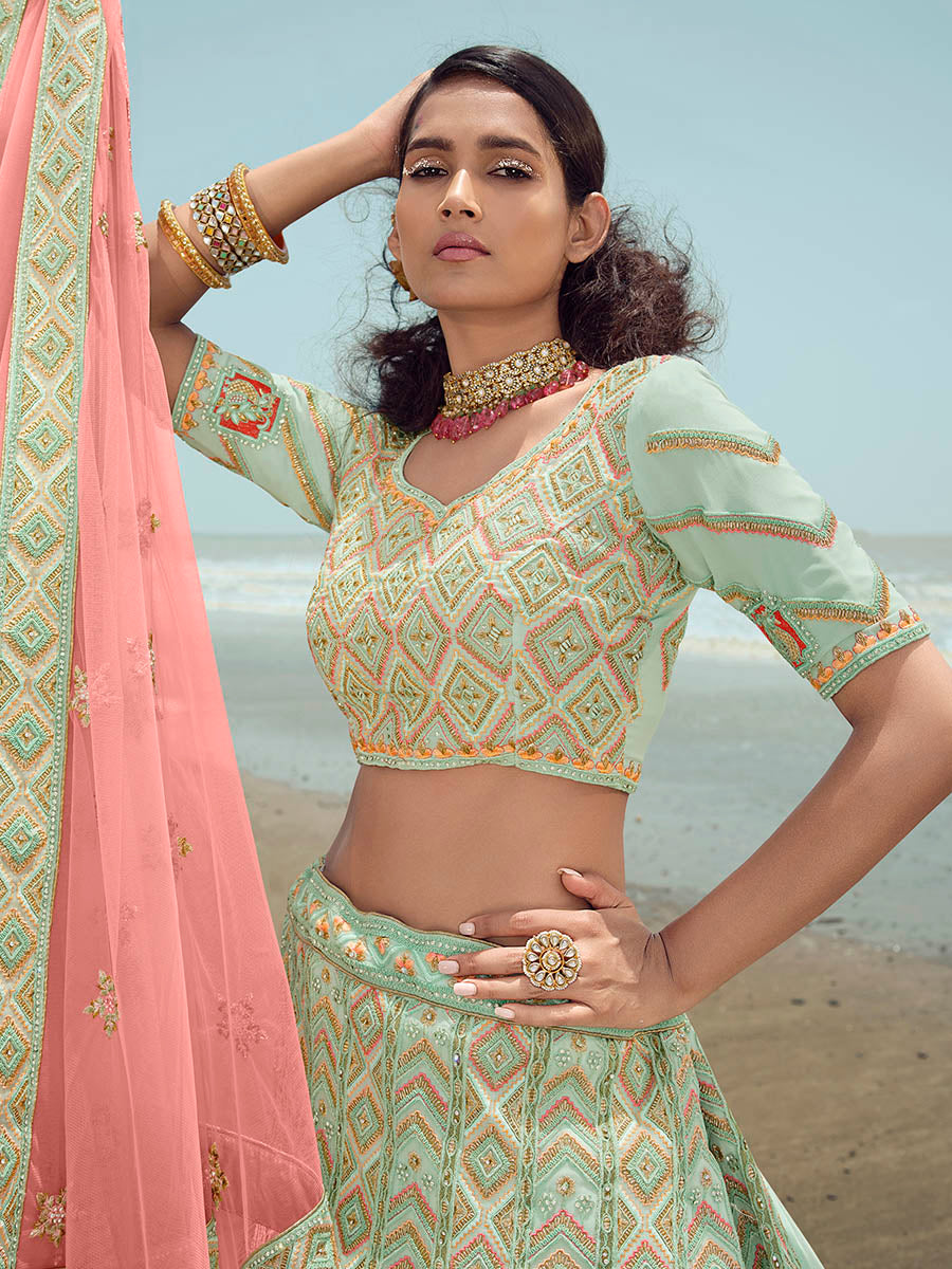 Myra Pista Green Gorgette Embroidered Designer Lehenga Choli | Grocsy