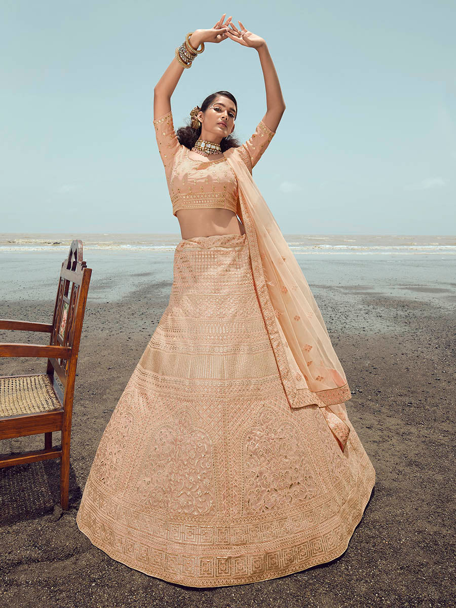 Myra Peach Organza Embroidered Designer Lehenga Choli | Grocsy