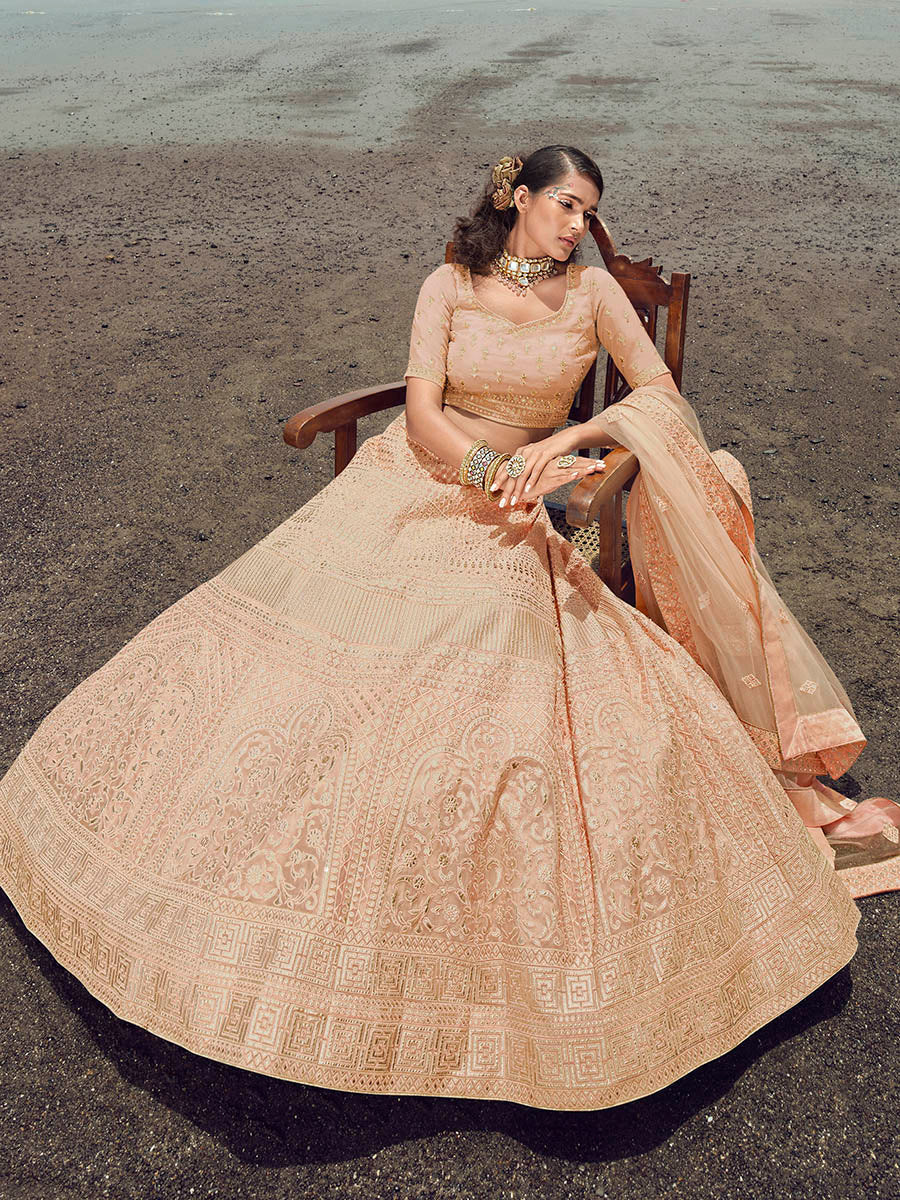 Myra Peach Organza Embroidered Designer Lehenga Choli | Grocsy