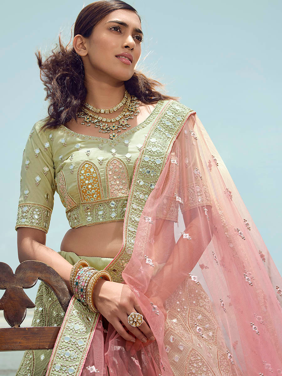 Myra Pista Green Organza Embroidered Designer Lehenga Choli | Grocsy