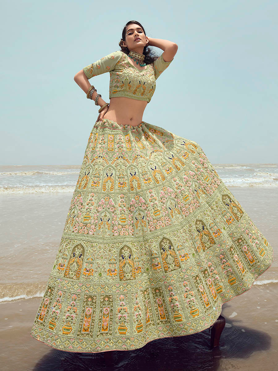 Myra Pista Green Georgette Embroidered Designer Lehenga Choli | Grocsy