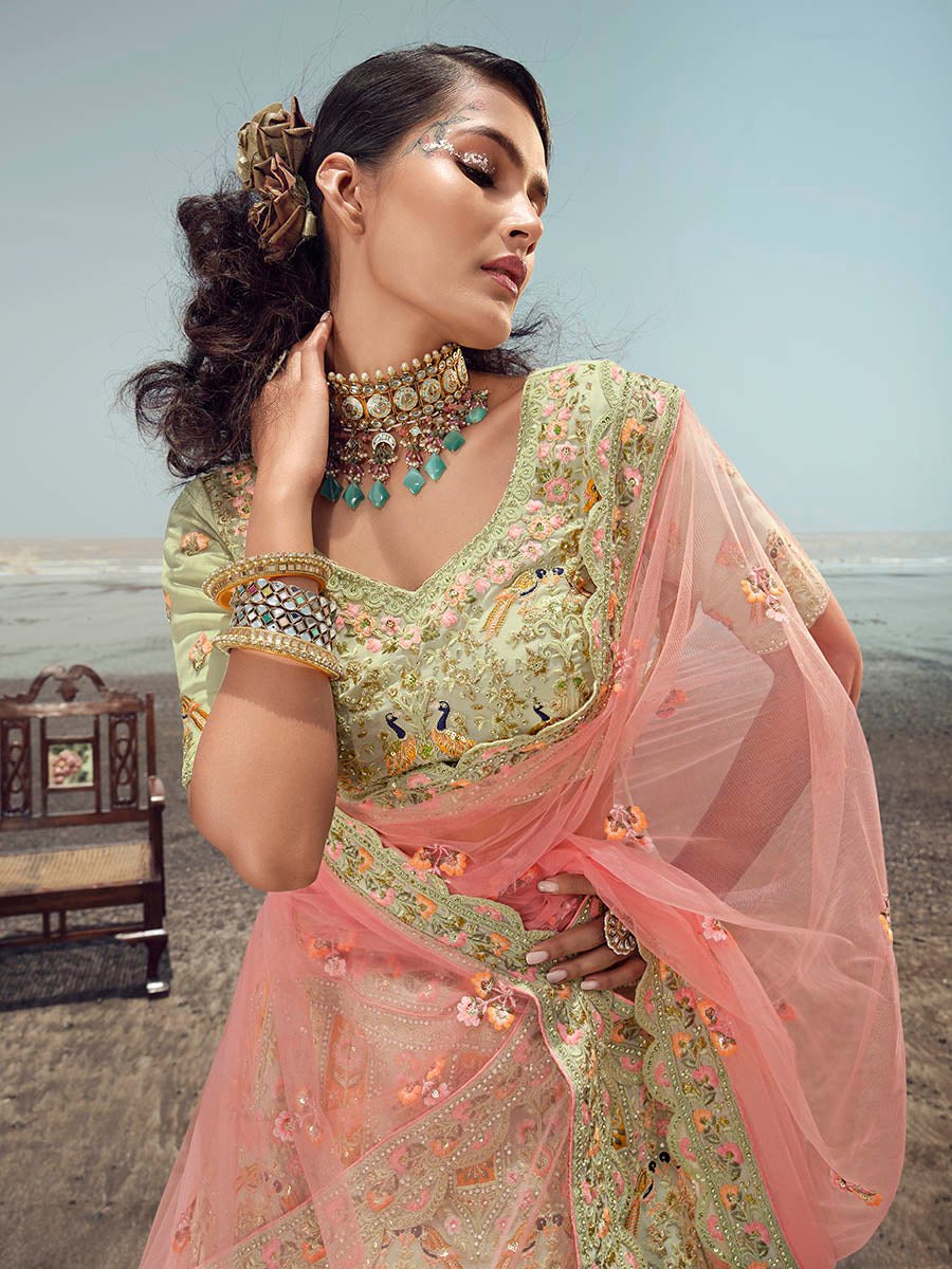 Myra Pista Green Georgette Embroidered Designer Lehenga Choli | Grocsy