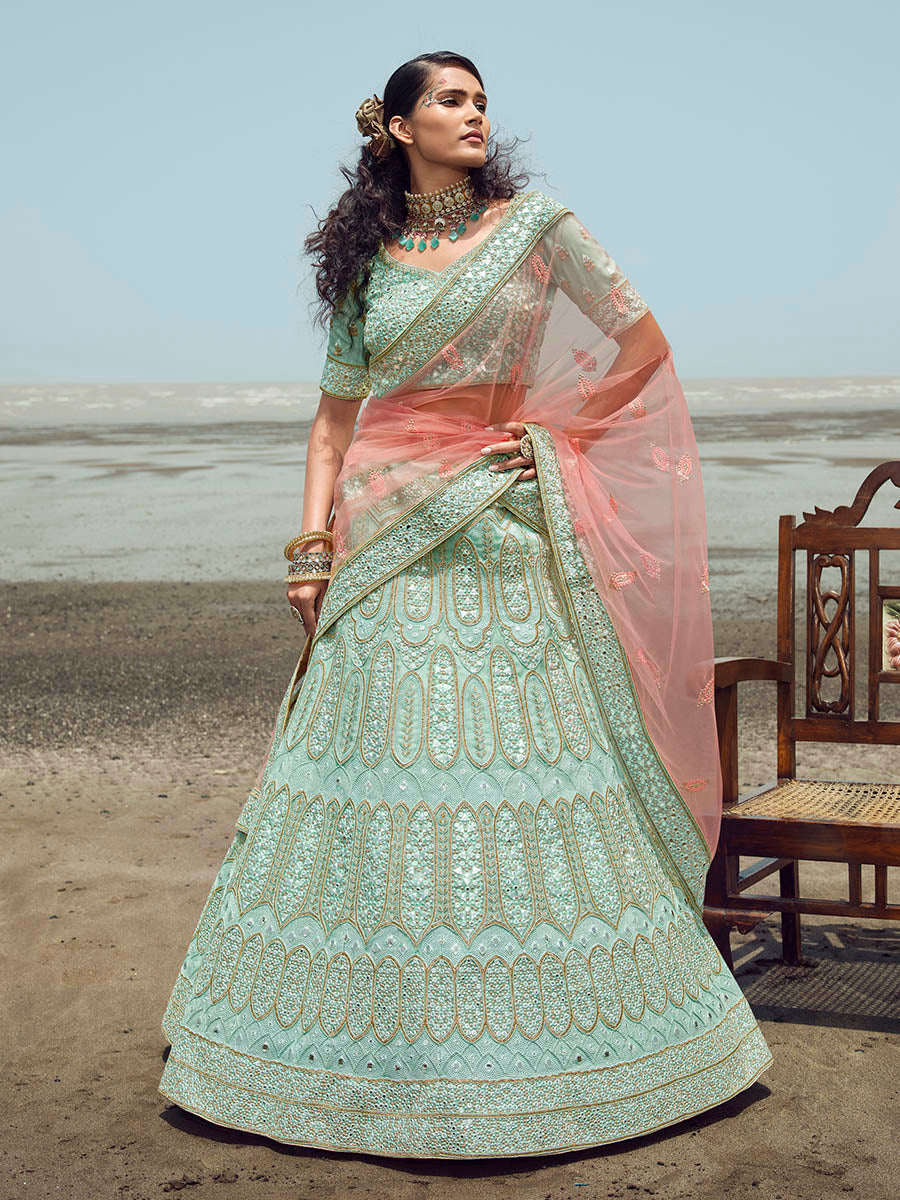 Myra Turquoise Organza Embroidered Designer Lehenga Choli | Grocsy
