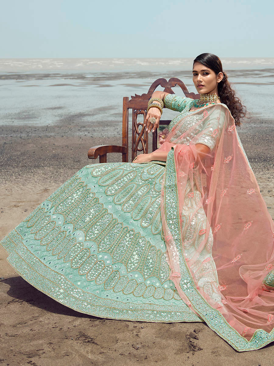 Myra Turquoise Organza Embroidered Designer Lehenga Choli | Grocsy