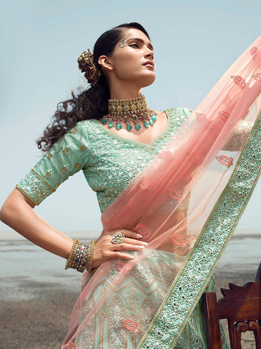 Myra Turquoise Organza Embroidered Designer Lehenga Choli | Grocsy