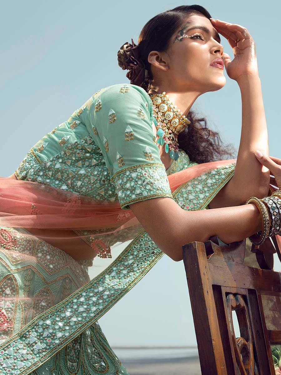 Myra Turquoise Organza Embroidered Designer Lehenga Choli | Grocsy