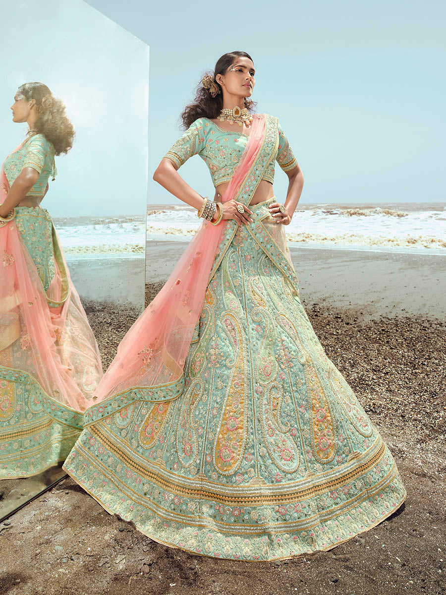 Myra Turquoise Organza Embroidered Designer Lehenga Choli | Grocsy