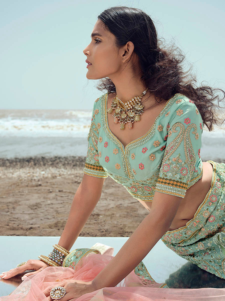 Myra Turquoise Organza Embroidered Designer Lehenga Choli | Grocsy
