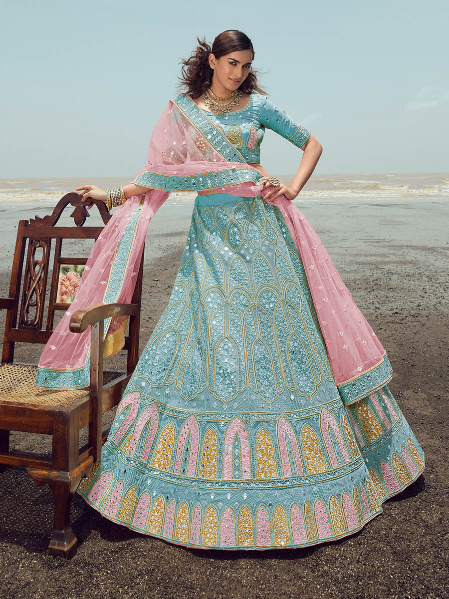 Myra Turquoise Organza Embroidered Designer Lehenga Choli | Grocsy