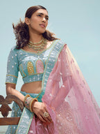 Myra Turquoise Organza Embroidered Designer Lehenga Choli | Grocsy