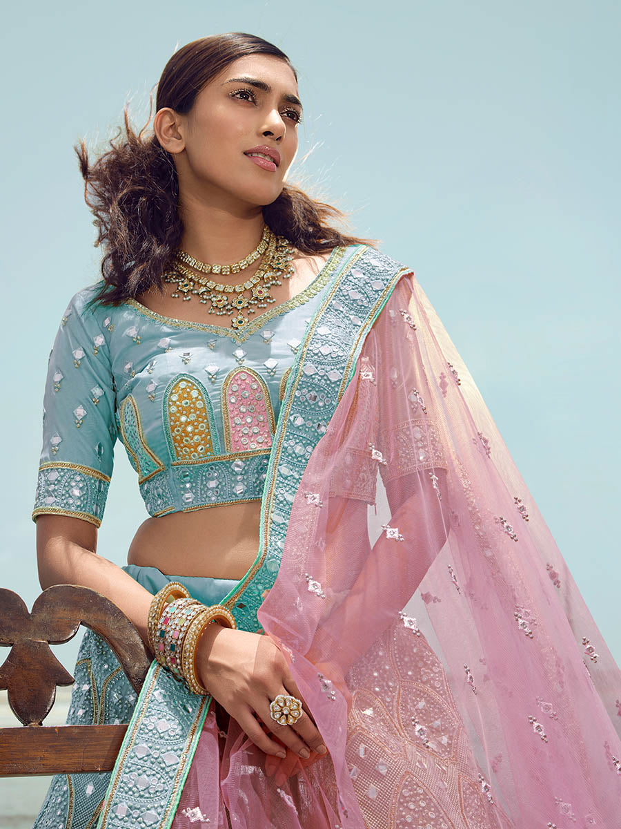 Myra Turquoise Organza Embroidered Designer Lehenga Choli | Grocsy