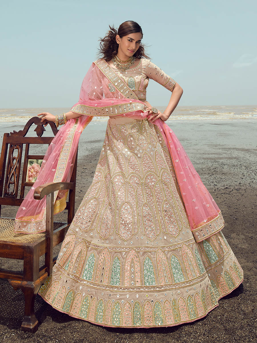 Myra Beige Organza Embroidered Designer Lehenga Choli | Grocsy
