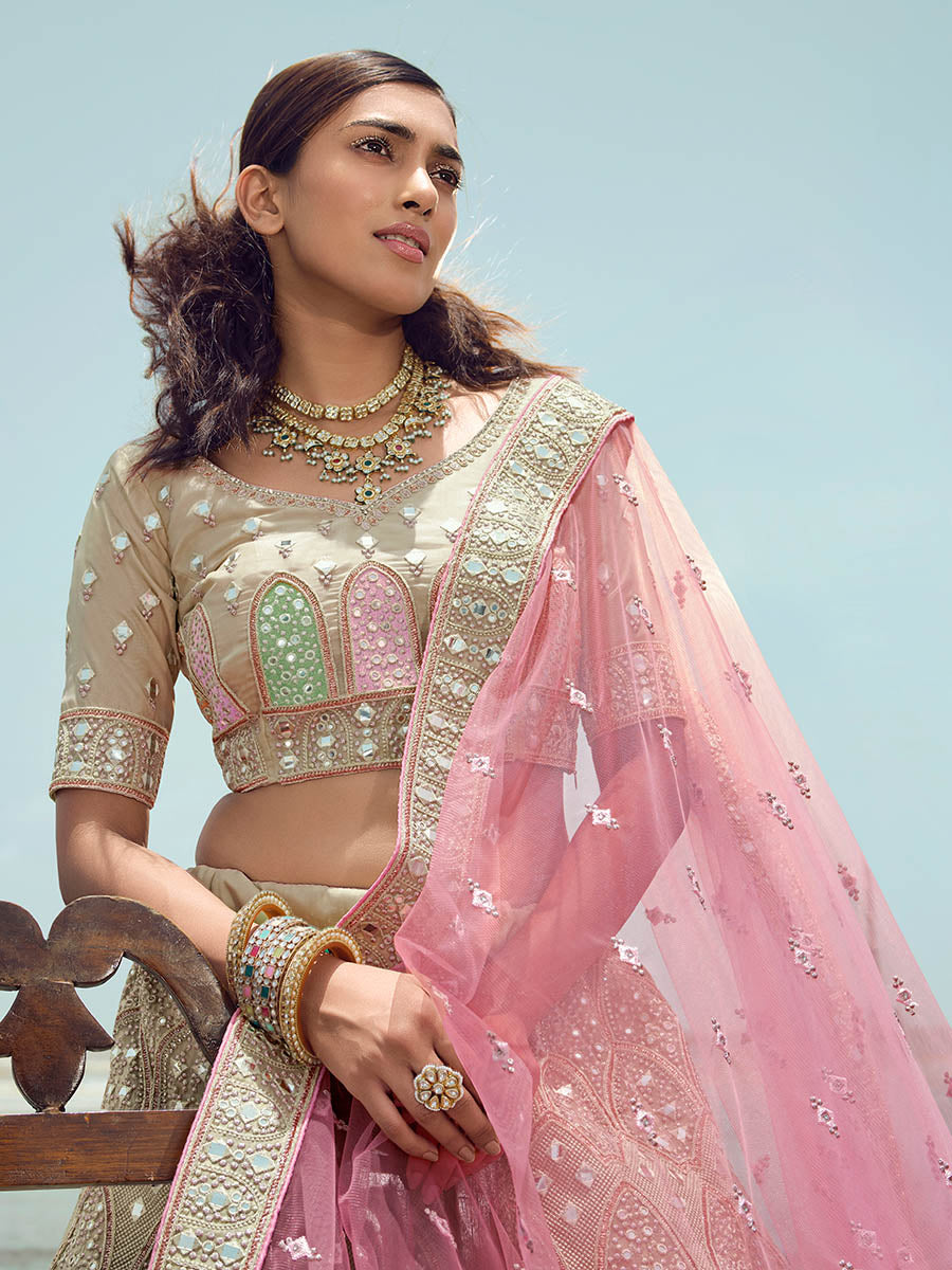 Myra Beige Organza Embroidered Designer Lehenga Choli | Grocsy