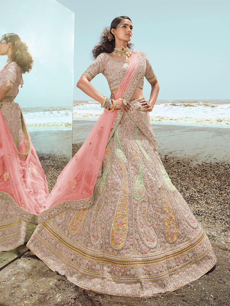 Myra Beige Organza Embroidered Designer Lehenga Choli | Grocsy