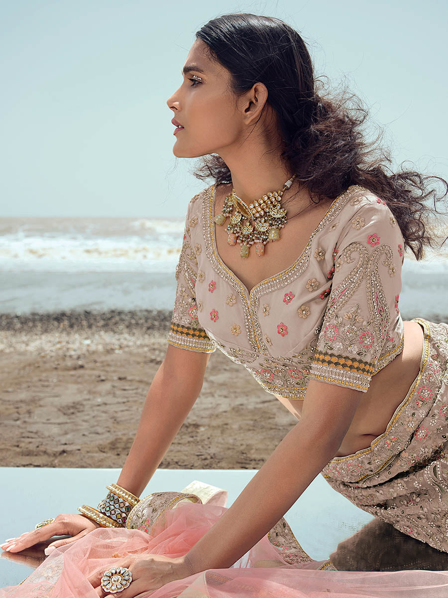 Myra Beige Organza Embroidered Designer Lehenga Choli | Grocsy
