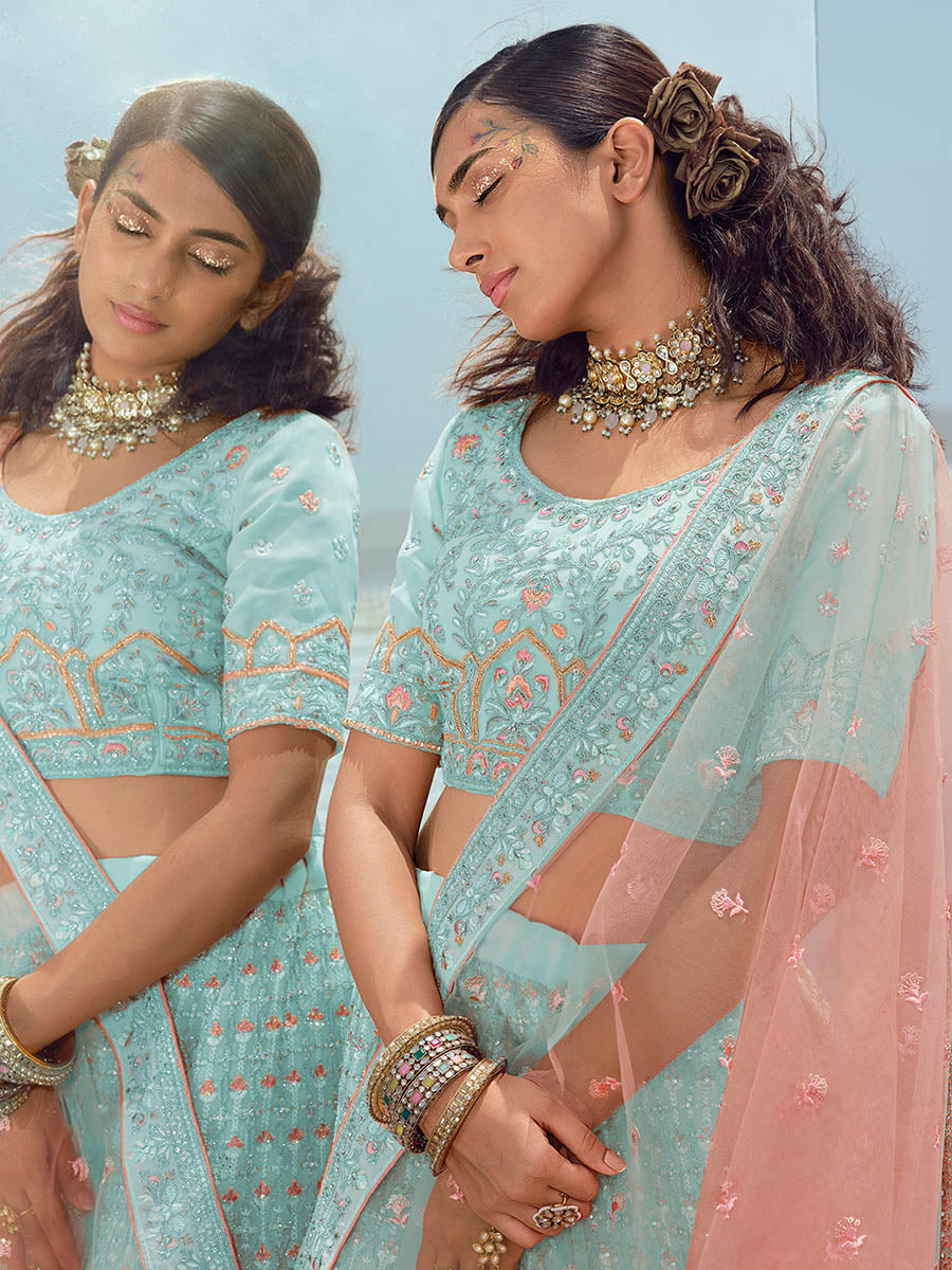 Myra Turquoise Georgette Embroidered Designer Lehenga Choli | Grocsy