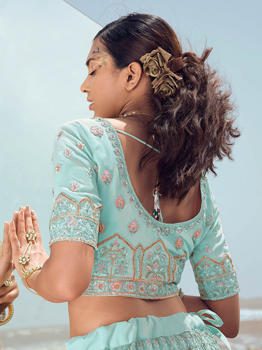 Myra Turquoise Georgette Embroidered Designer Lehenga Choli | Grocsy