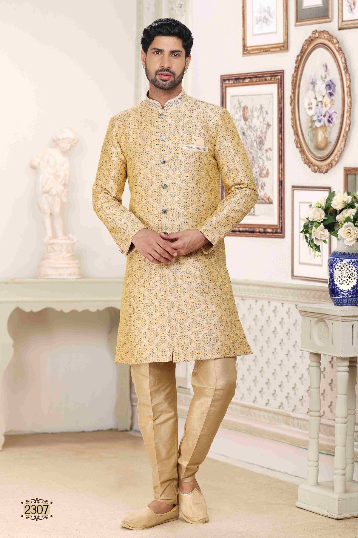 Raivat Ethnic Banarasi Jacquard Embroidery Semi Indo Western Sherwani In Cream Colour | Grocsy